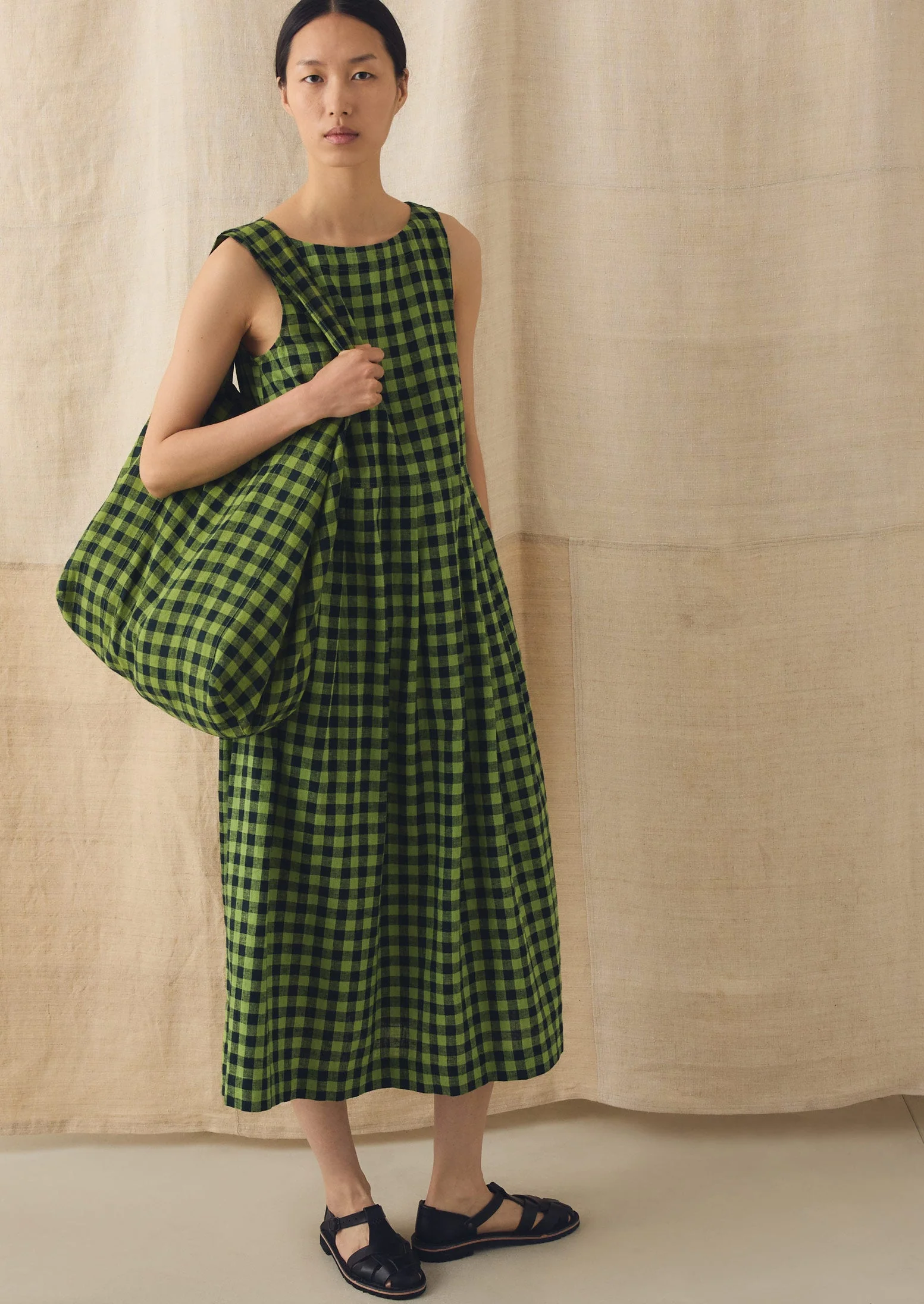 Aila Linen Cotton Gingham Check Dress | Beetle Green - Image 2