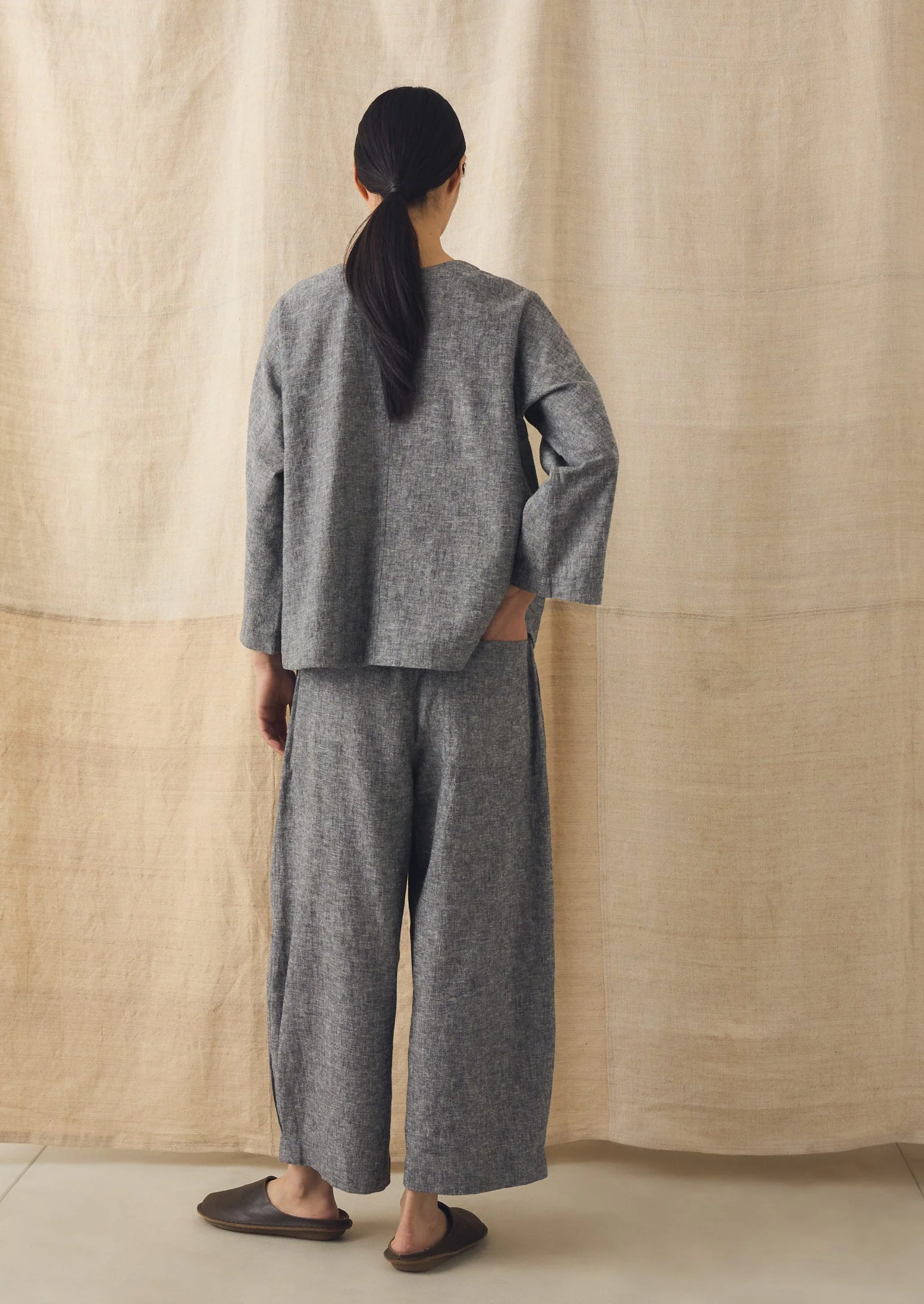 Carys Drawcord Linen Cotton Wide Leg Trousers | Soft Charcoal - Image 5