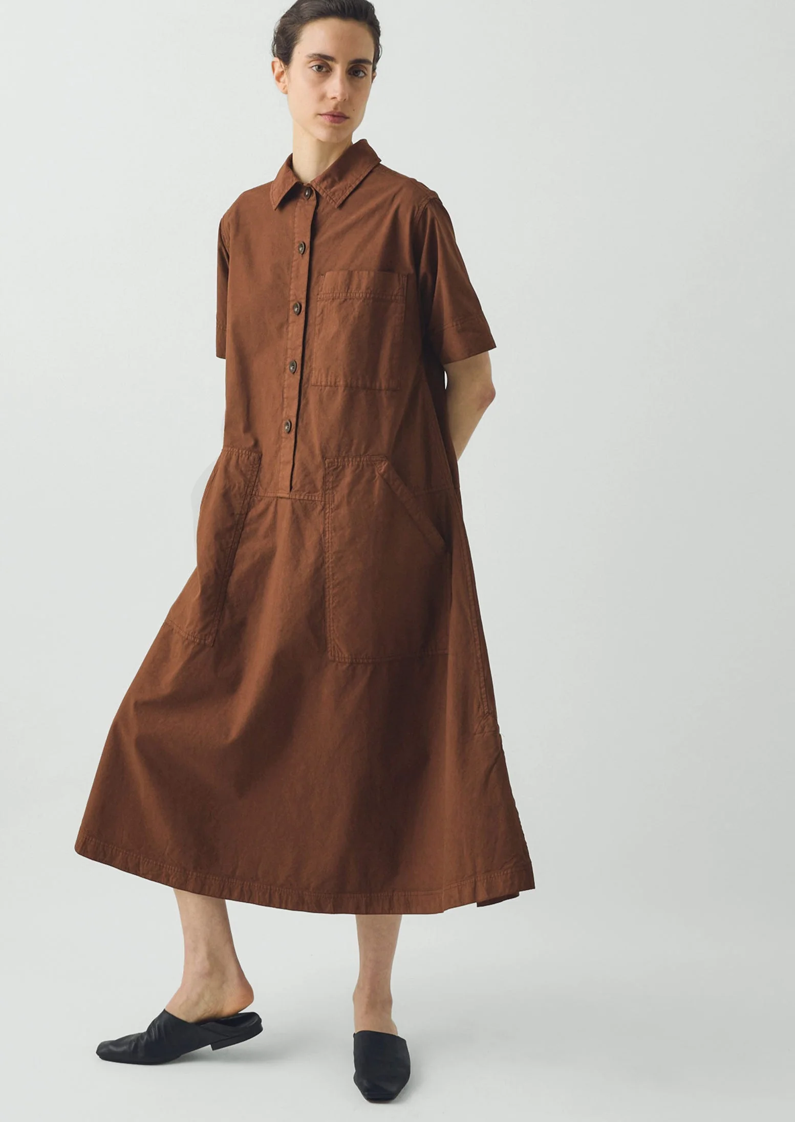 Cotton Linen Poplin Shirt Dress | Brown Ochre - Image 3