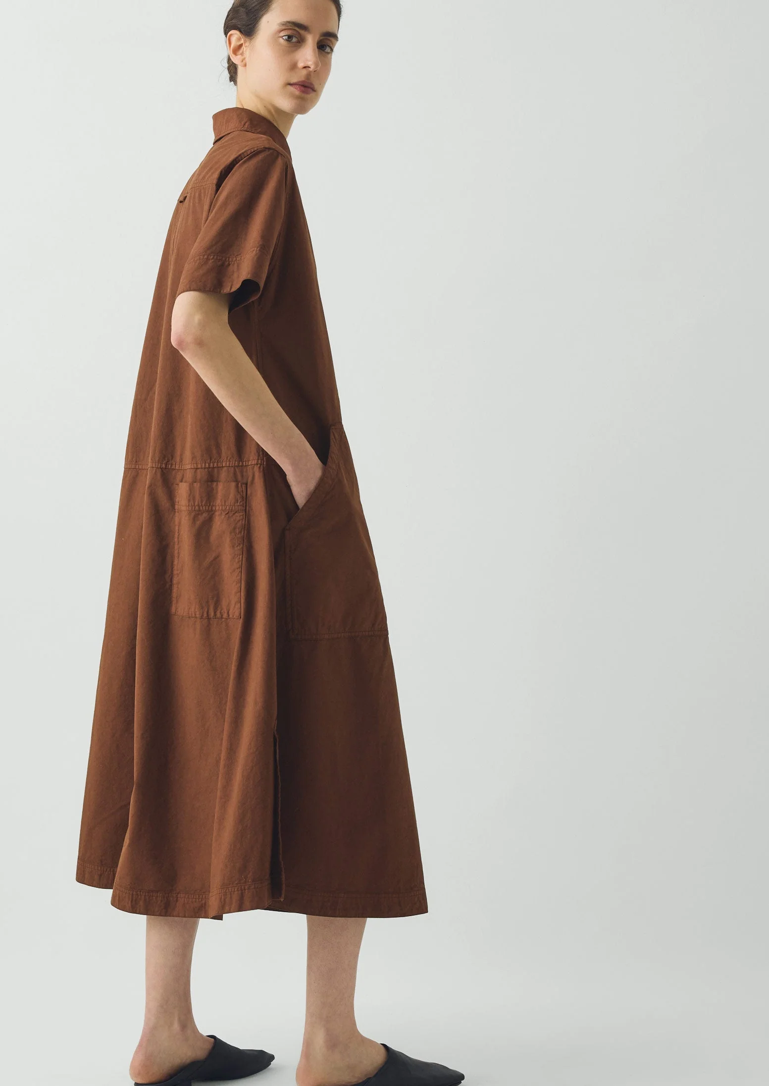 Cotton Linen Poplin Shirt Dress | Brown Ochre - Image 4