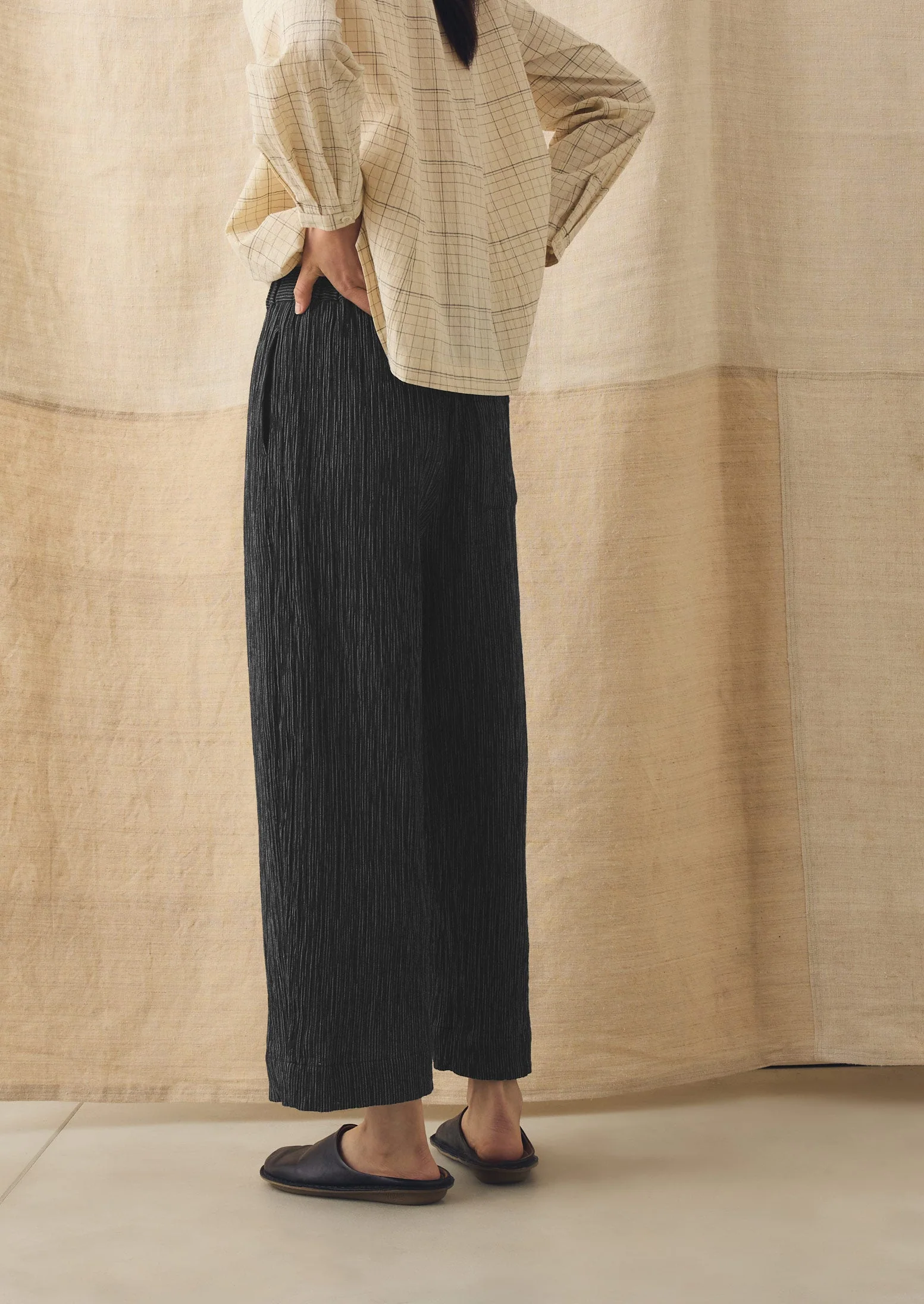 Fine Stripe Crinkle Cotton Barrel Leg Trousers | Earth/Ecru - Image 5