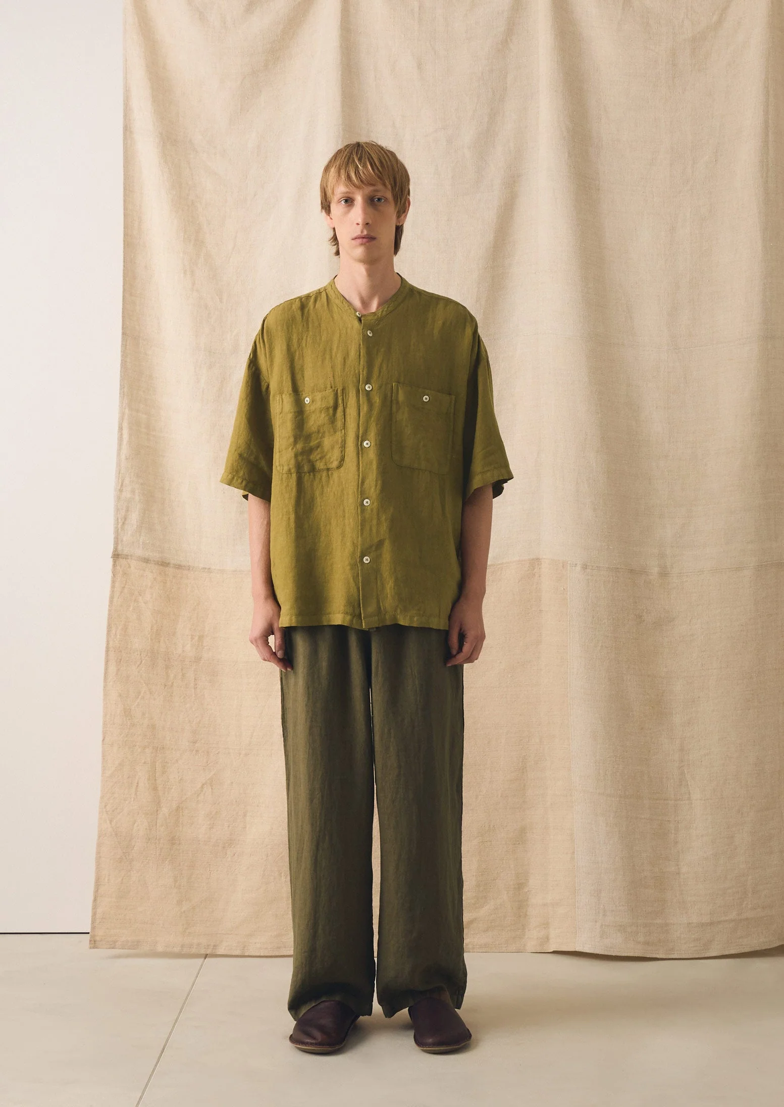 Garment Dyed Linen Grandad Collar Shirt | Durian Green - Image 4