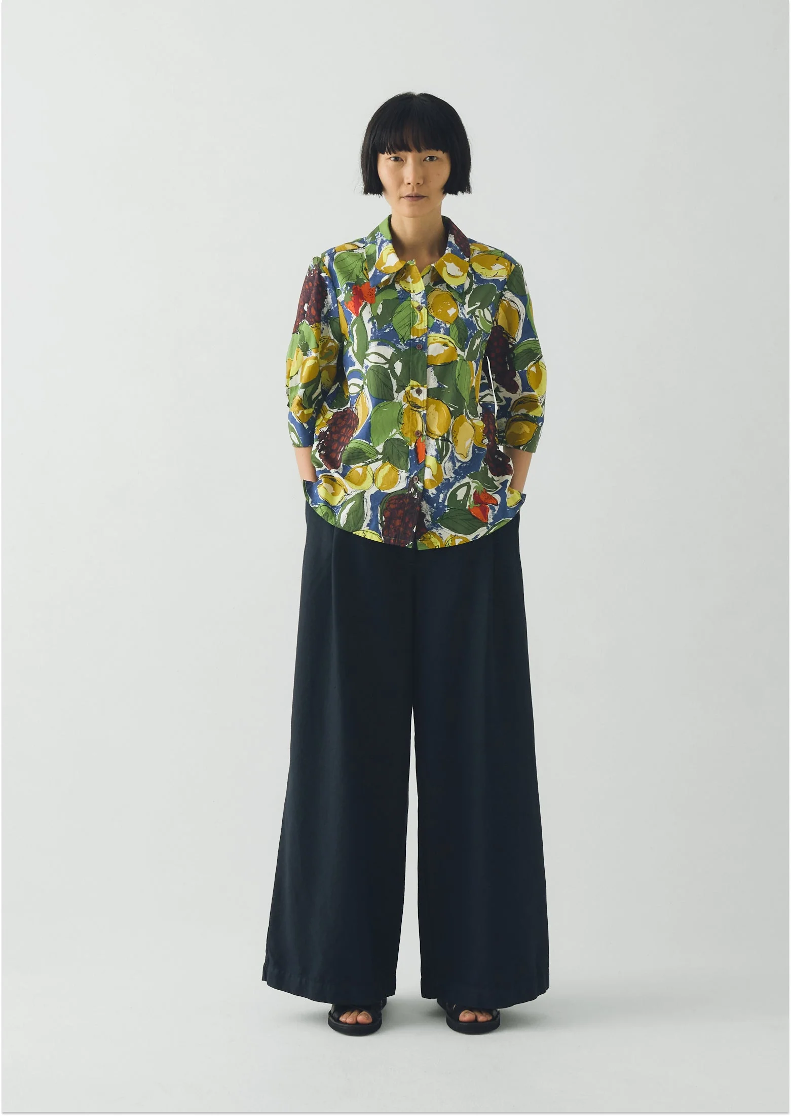 Gia Sketched Fruit Print Shirt | Verdigris/Multi - Image 4