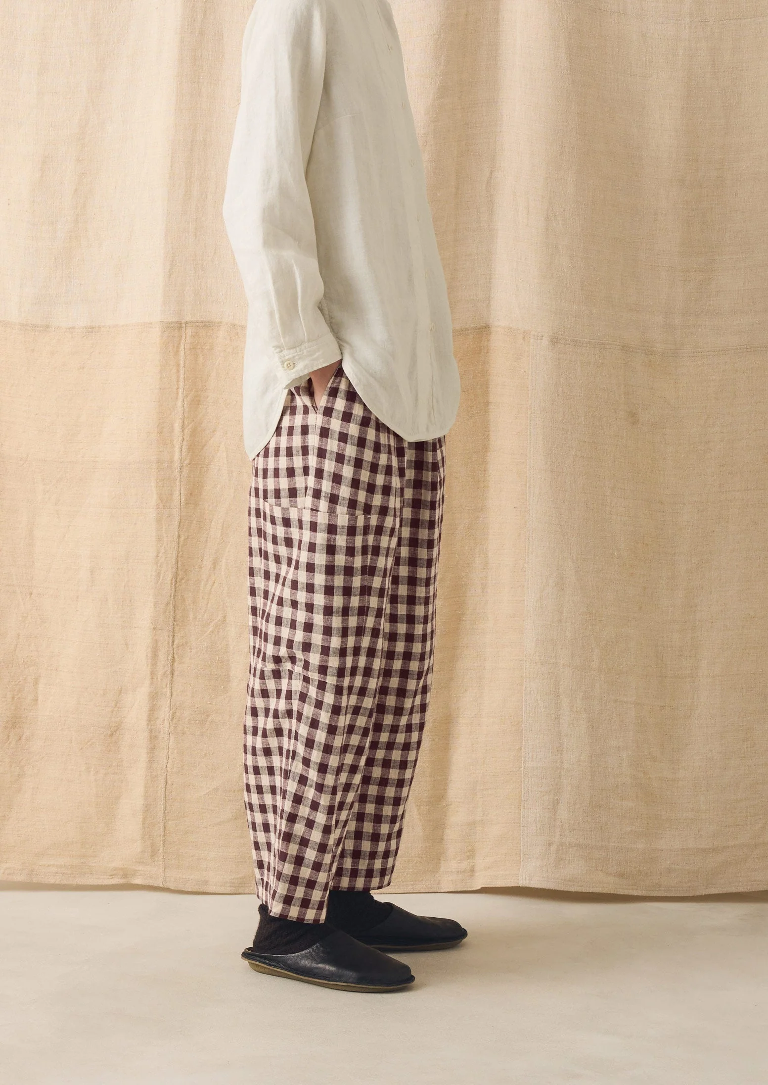 Gingham Linen Cotton Patch Pocket Trousers | Dark Chocolate/Ecru - Image 2