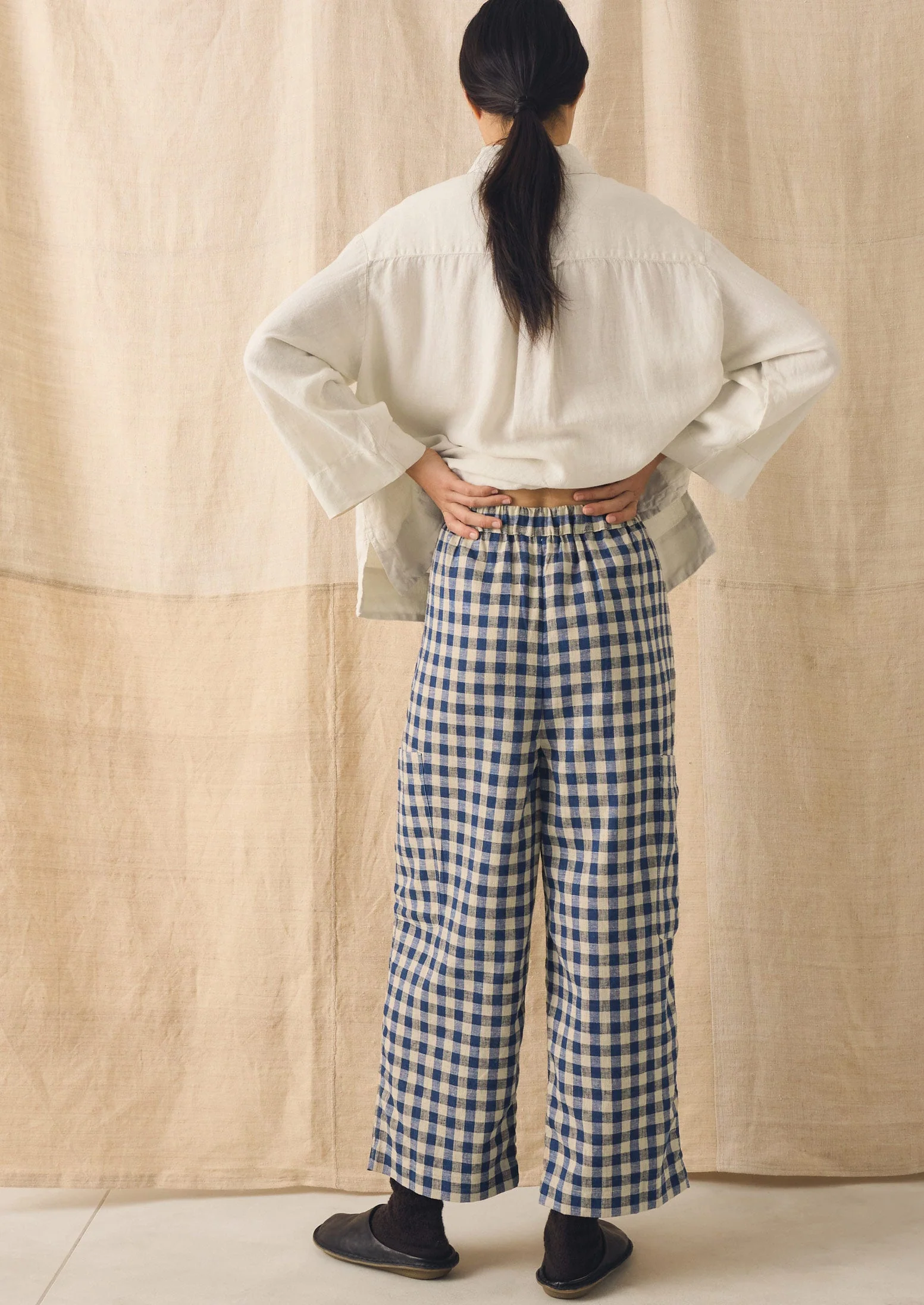 Gingham Linen Cotton Patch Pocket Trousers | Denim Blue - Image 3