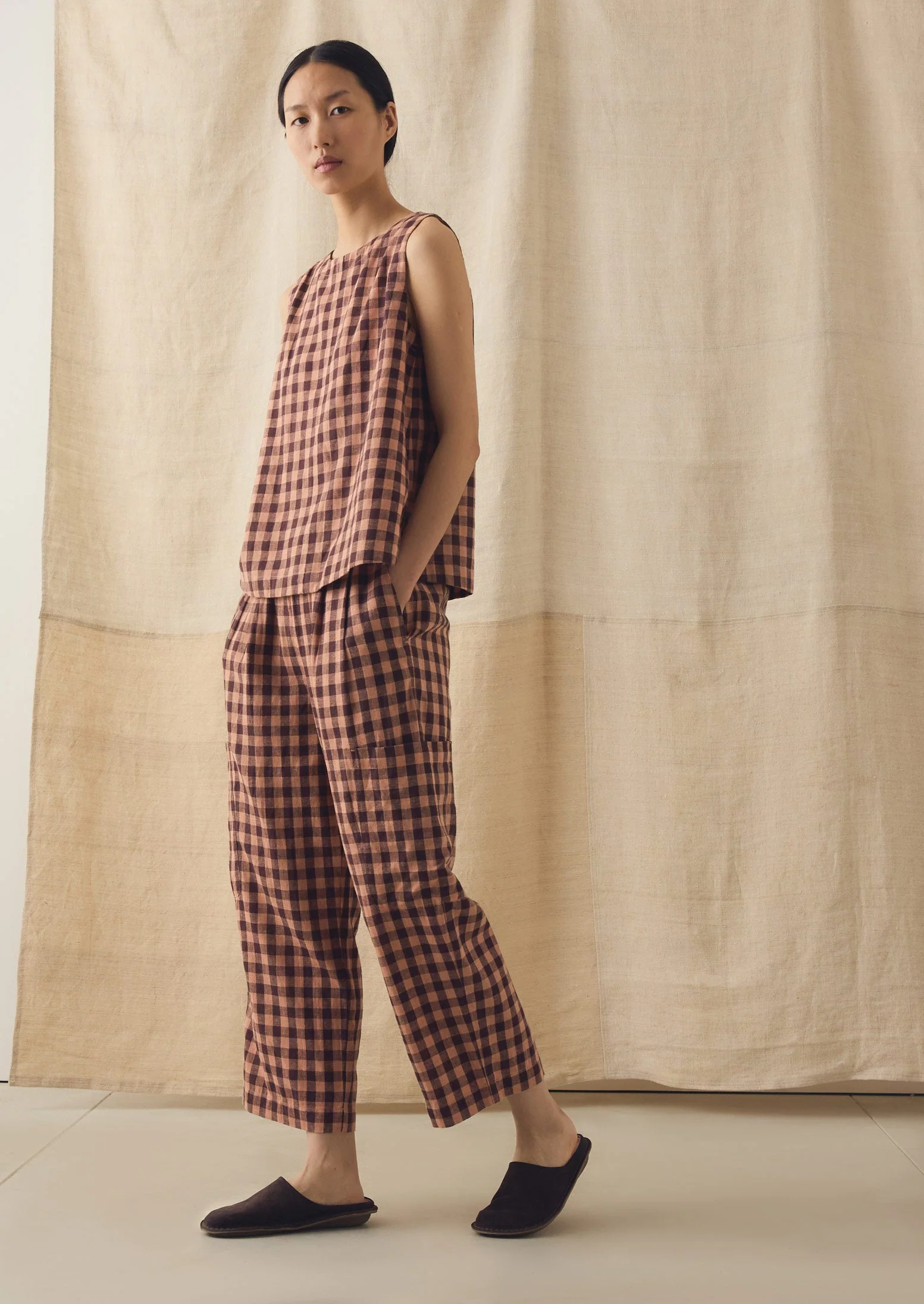 Gingham Linen Cotton Patch Pocket Trousers | Rosewood - Image 2