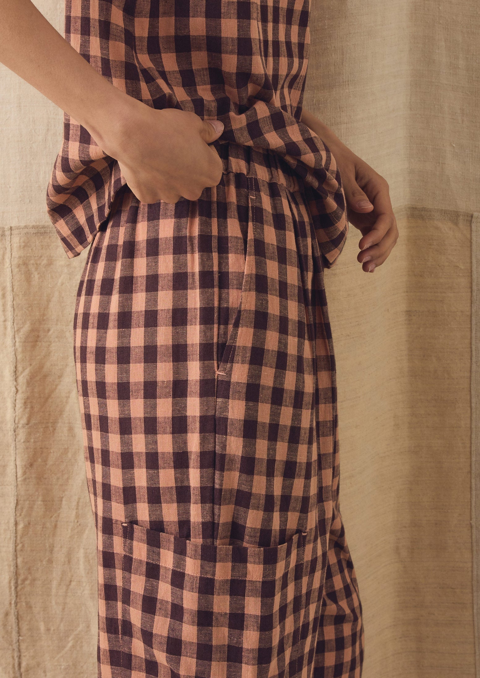 Gingham Linen Cotton Patch Pocket Trousers | Rosewood - Image 3