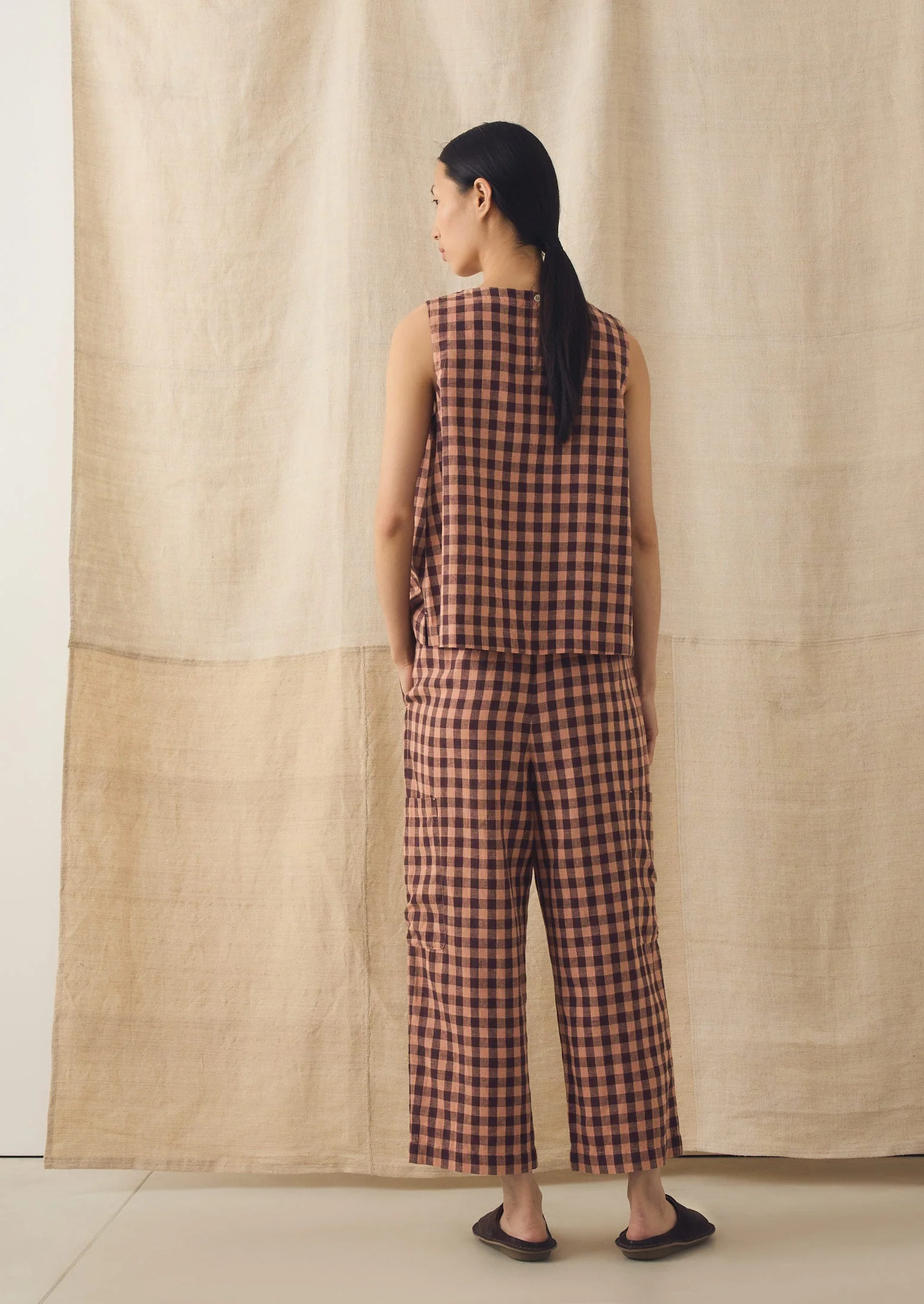Gingham Linen Cotton Patch Pocket Trousers | Rosewood - Image 4