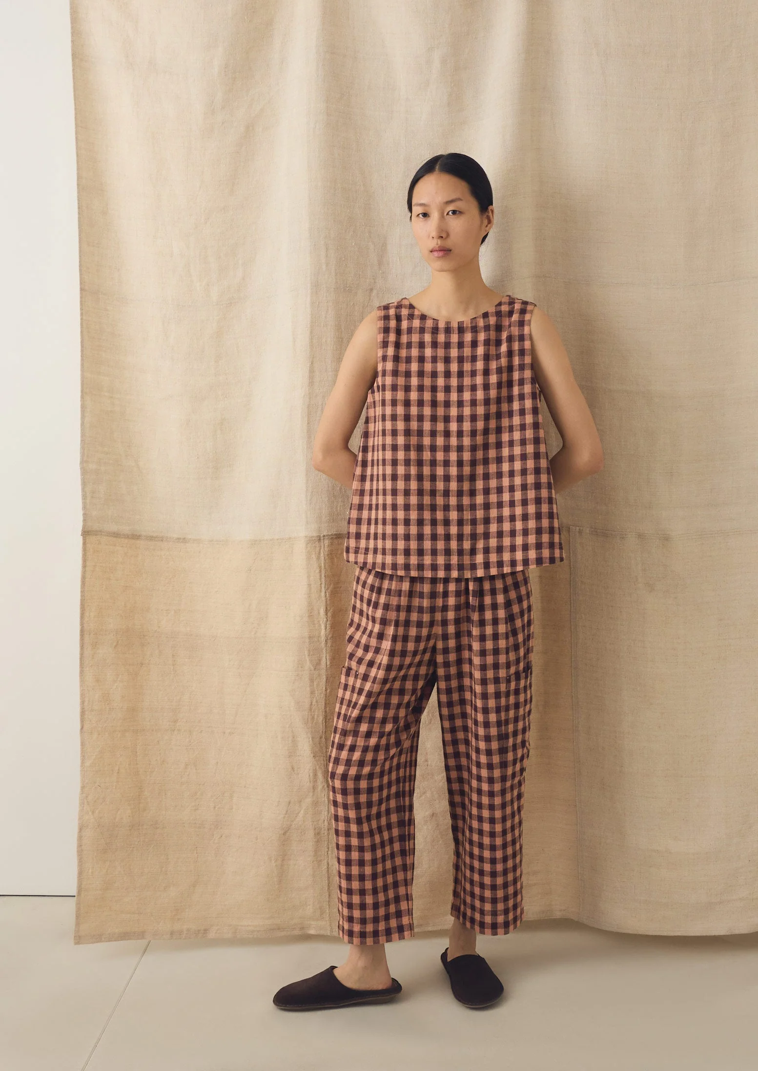 Gingham Linen Cotton Patch Pocket Trousers | Rosewood - Image 5