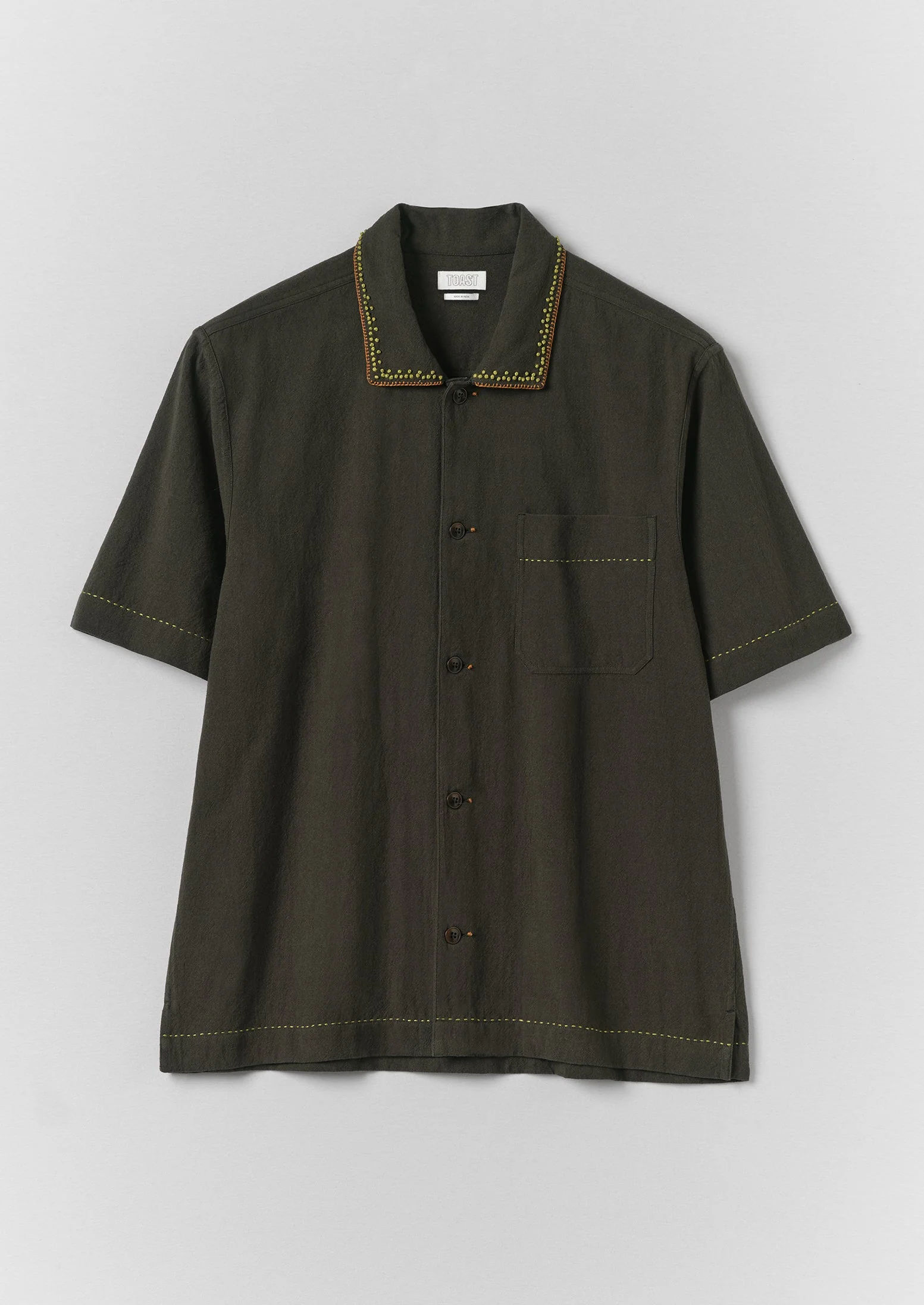 Kantha Knot Embroidered Cotton Shirt | Dark Olive