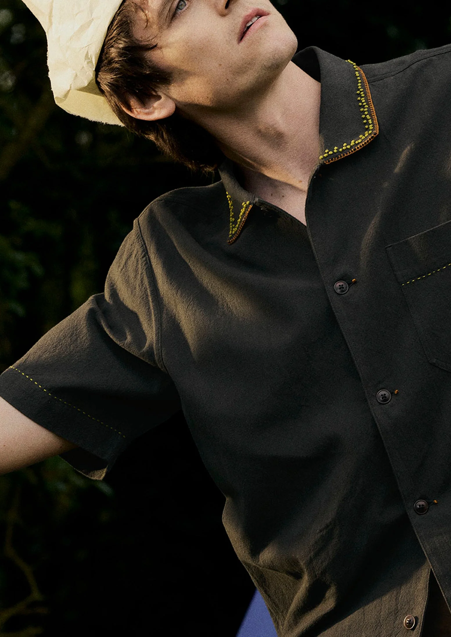 Kantha Knot Embroidered Cotton Shirt | Dark Olive - Image 3