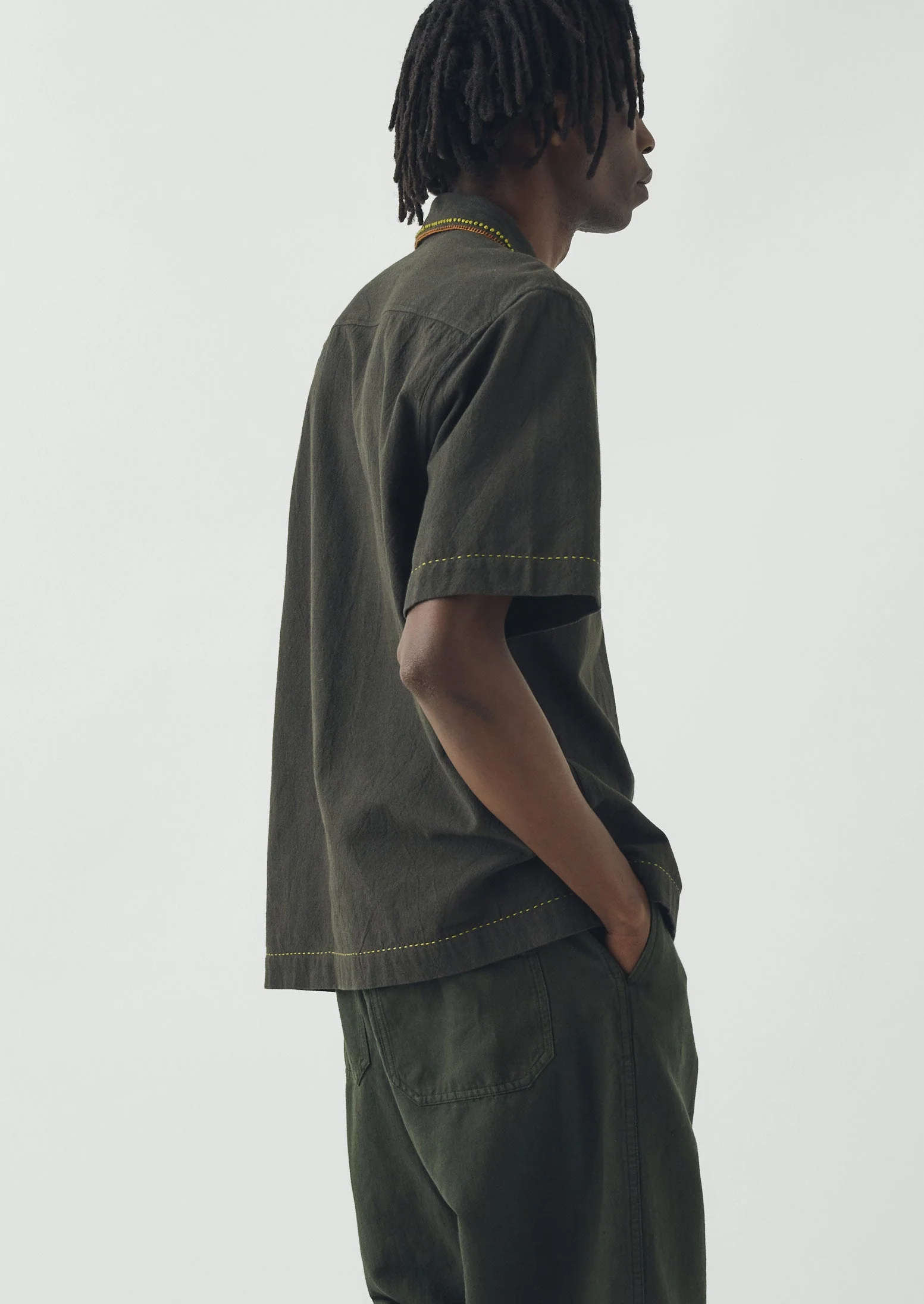 Kantha Knot Embroidered Cotton Shirt | Dark Olive - Image 8