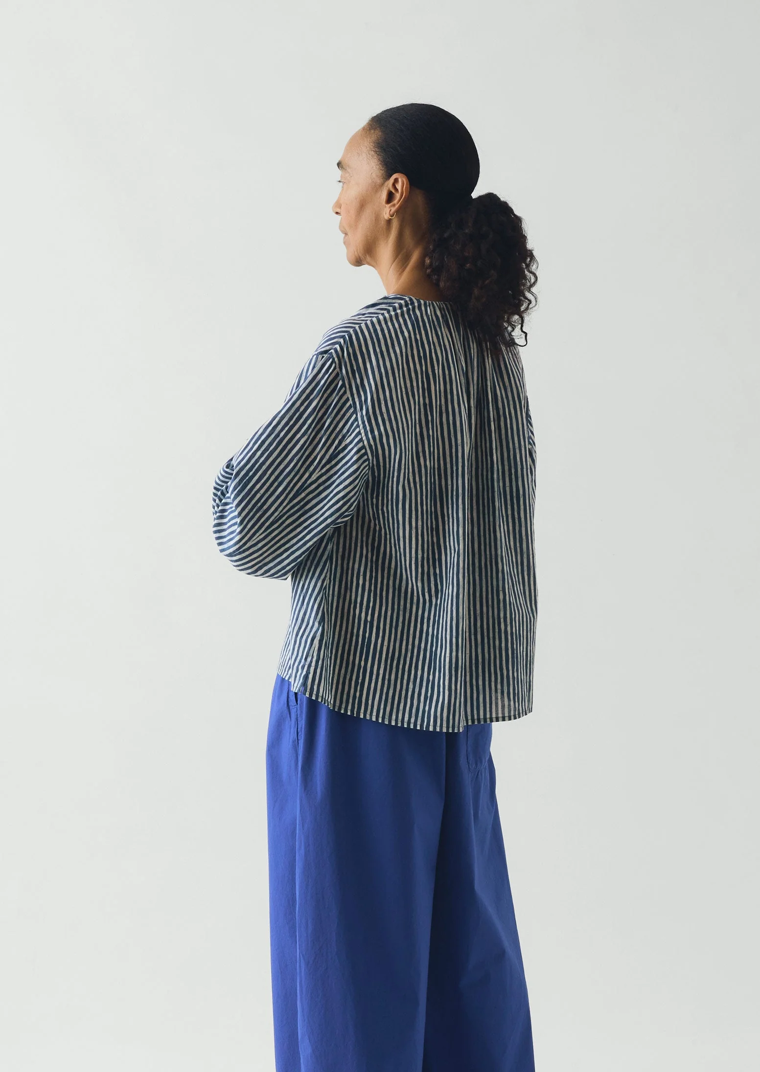 Natural Dye Stripe Cotton Gathered Top | Indigo - Image 8
