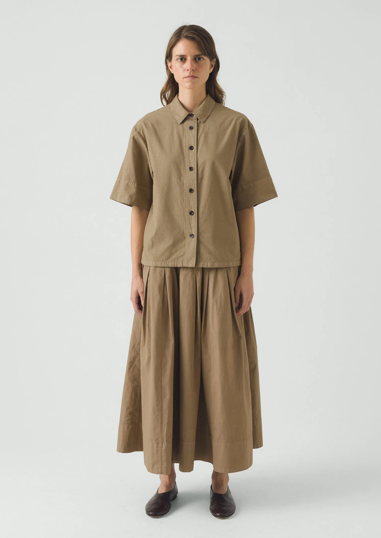 Pleated Cotton Linen Poplin Skirt | Ash Brown - Image 5