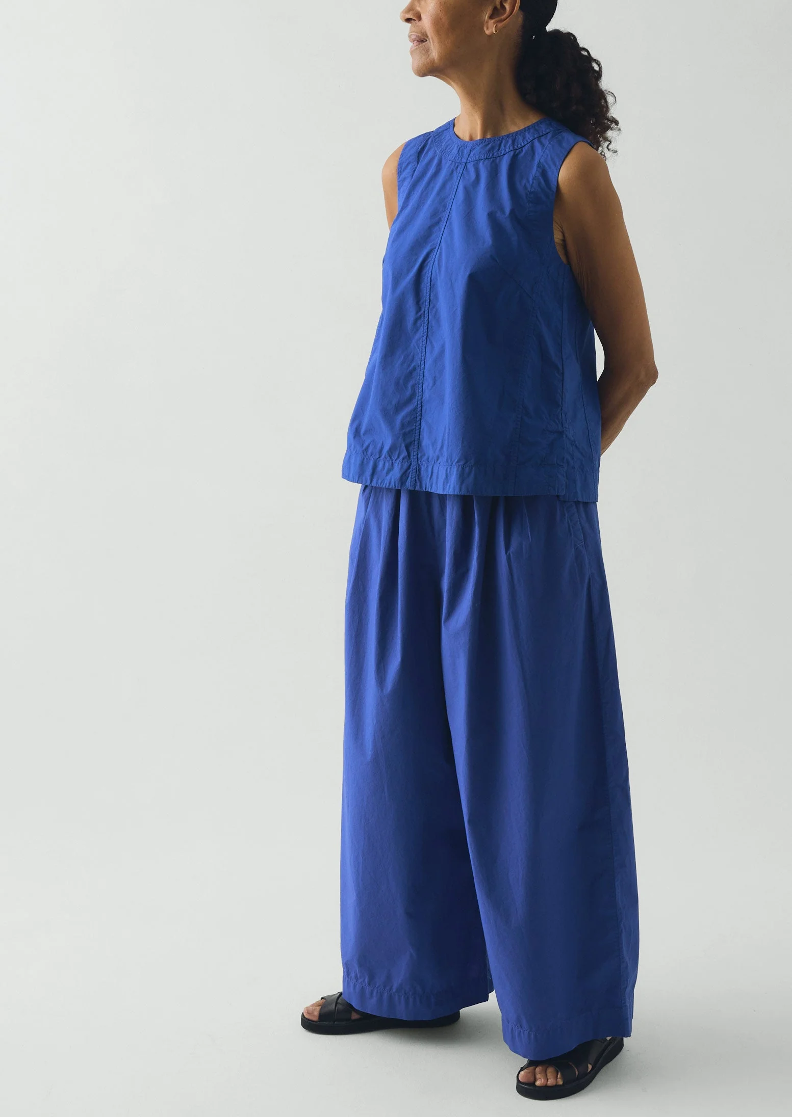 Pleated Pull On Cotton Poplin Trousers | Carmine Blue - Image 2