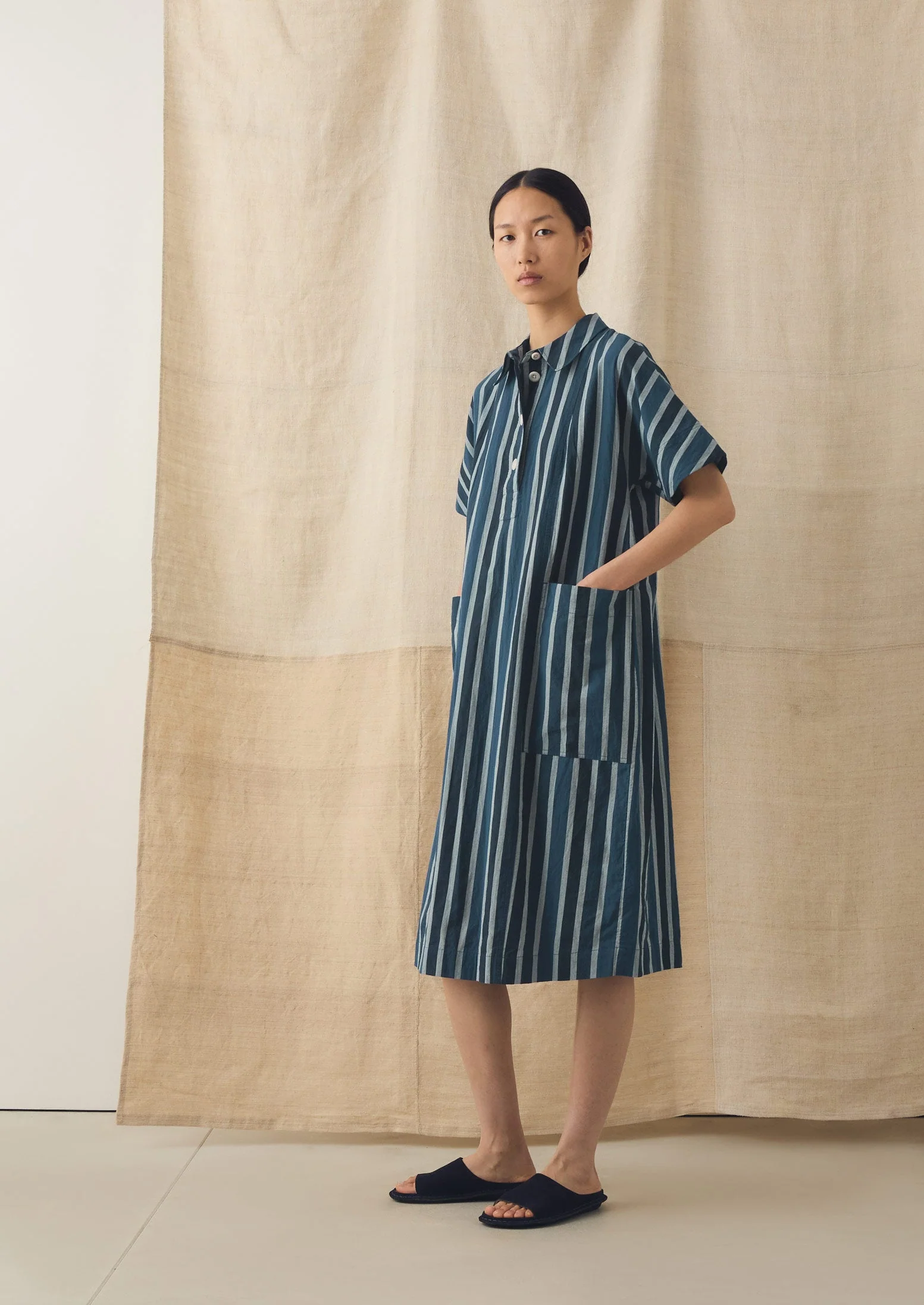 Stripe Cotton Shirt Dress | French Blue - Image 2