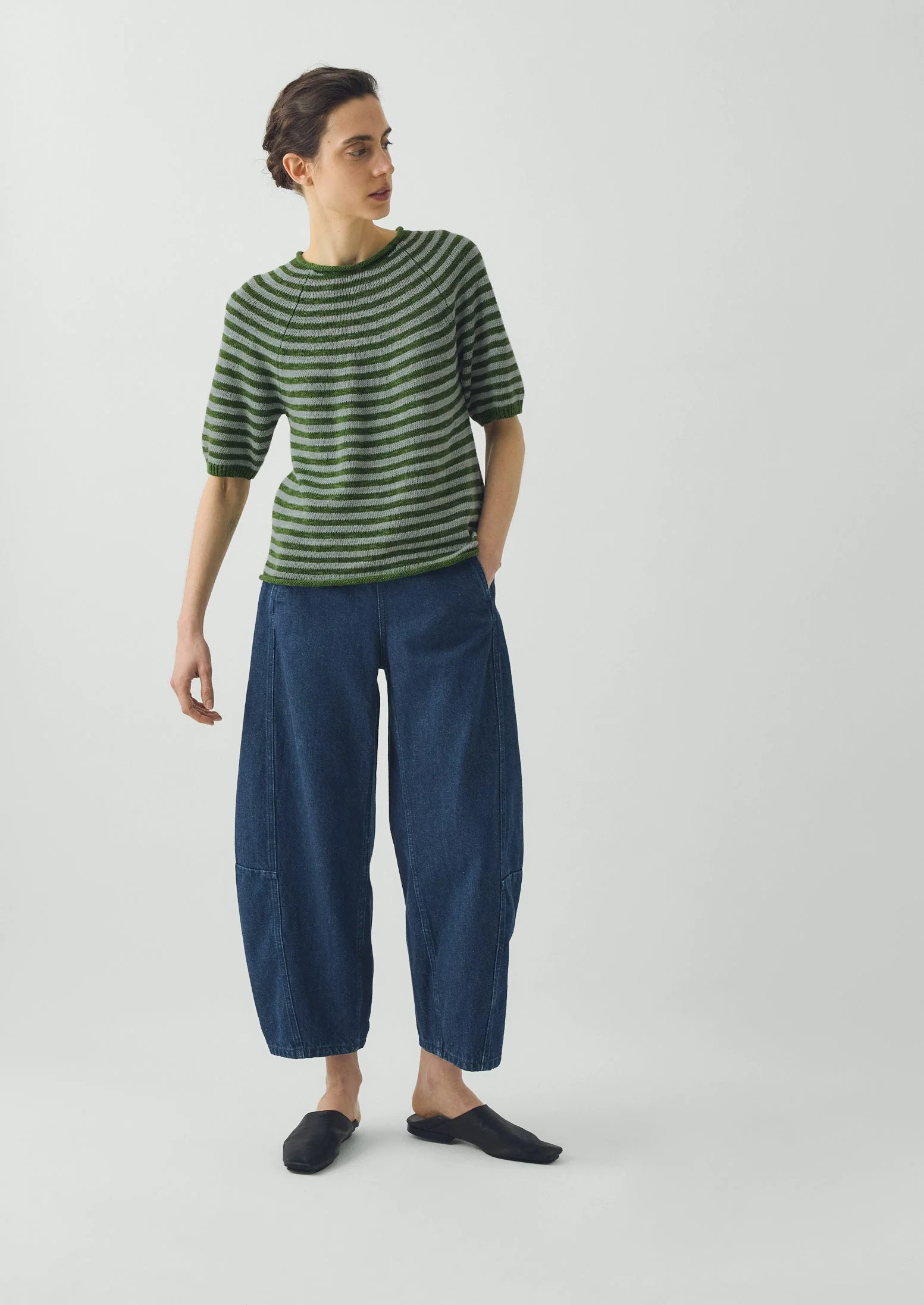 Stripe Linen Cotton Knitted Tee | Croft Green/Egg Shell - Image 5