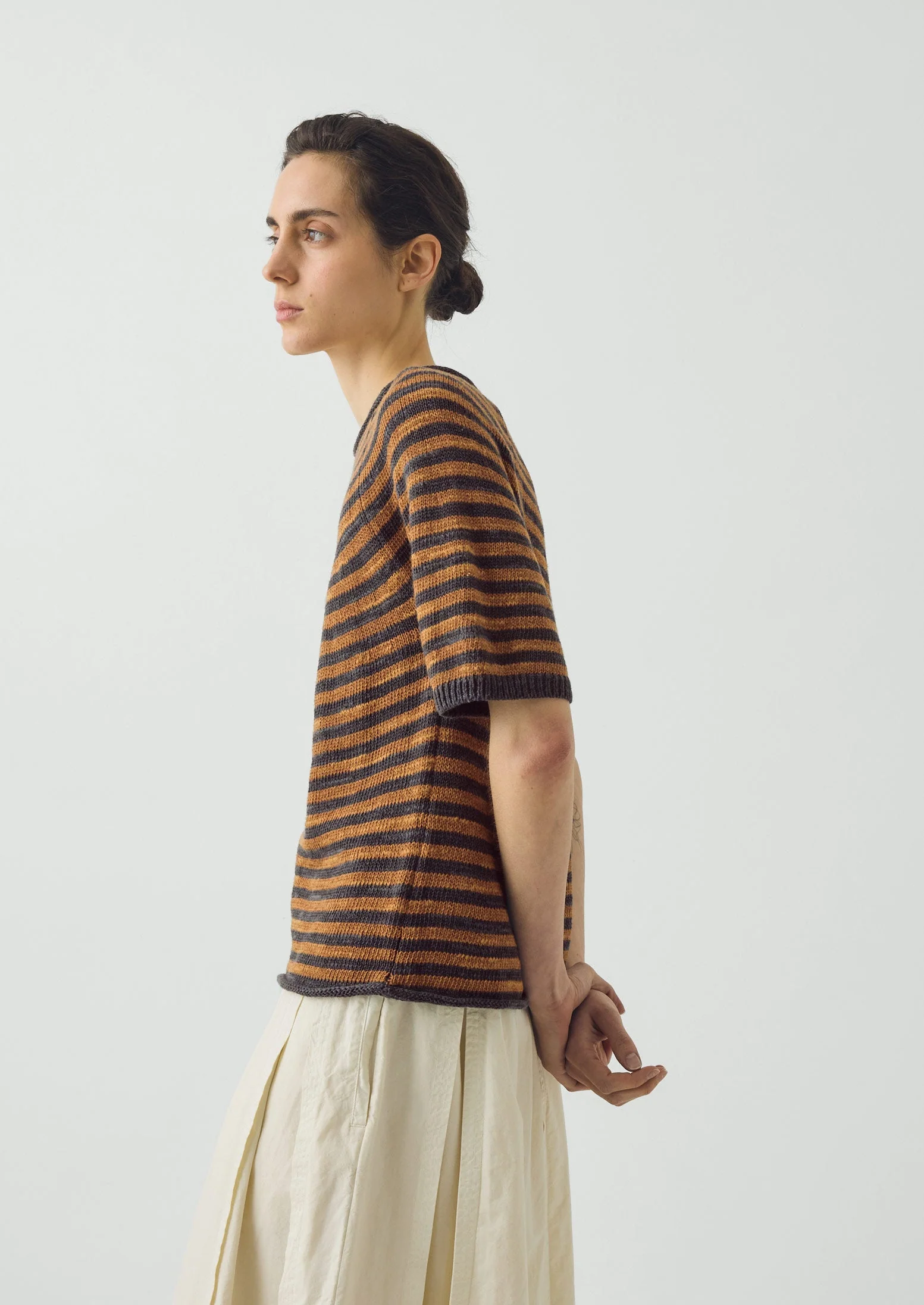 Stripe Linen Cotton Knitted Tee | Graphite Blue/Copper - Image 2